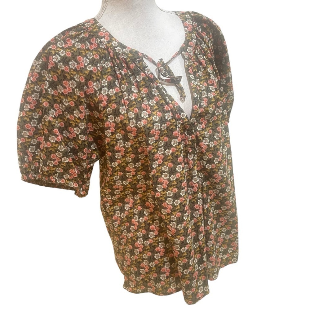 Loft olive peach floral peasant cotton blouse split neck puff sleeves medium - Picture 3 of 11